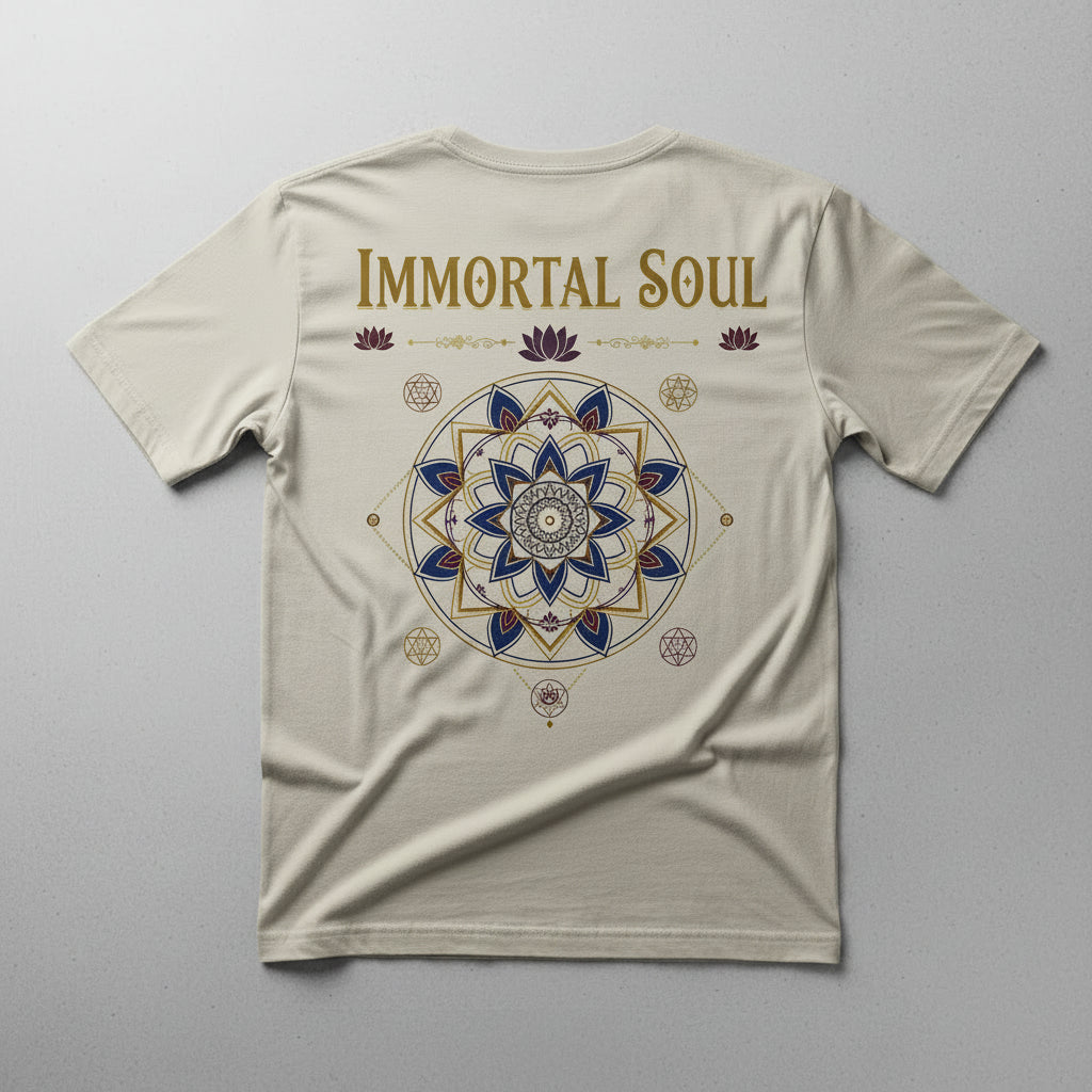 White t-shirt with a colorful graphic design on a hanger against a light purple background