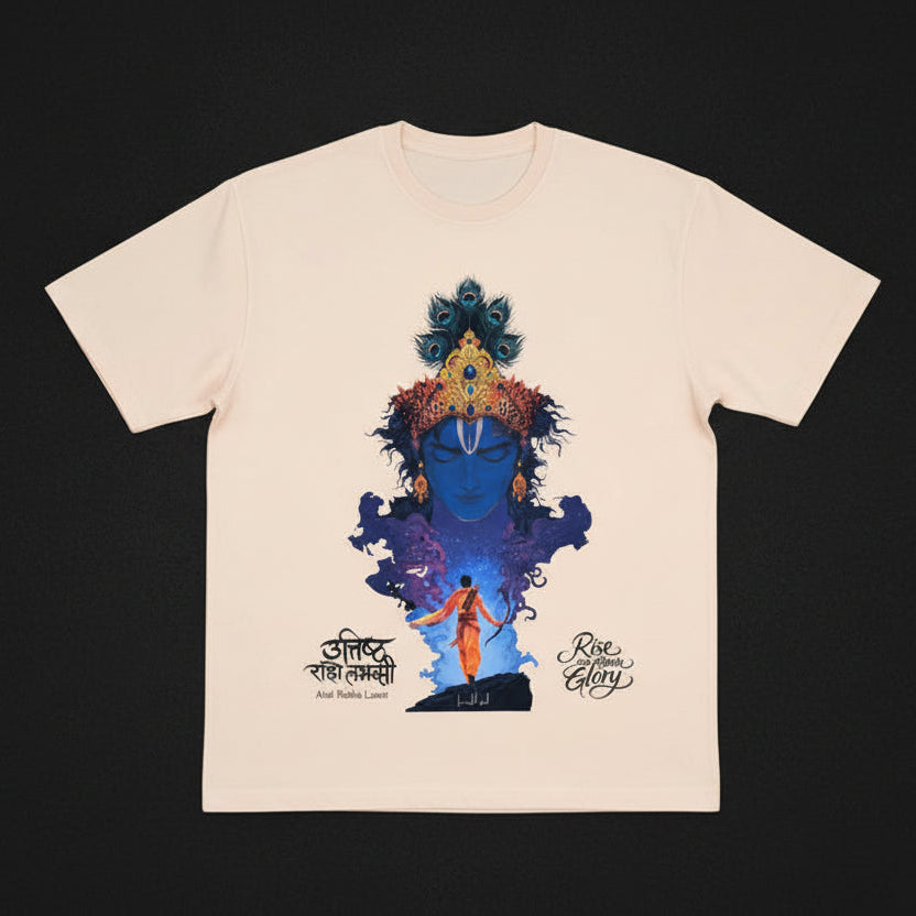 White t-shirt with a colorful graphic design on a hanger against a light purple background