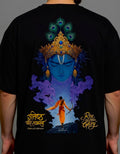 Black t-shirt with a colorful immortal soul graphic of a deity and a person on the back, set against a gray background.