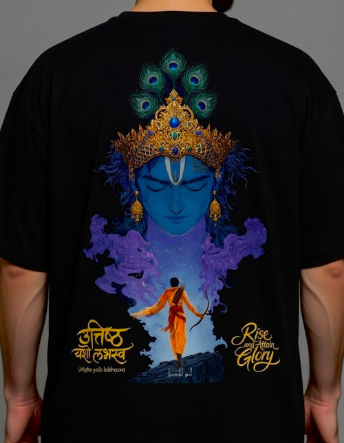 Black t-shirt with a colorful immortal soul graphic of a deity and a person on the back, set against a gray background.